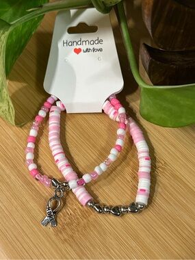 🎀Breast Cancer Awareness 2-PC Stretchy‎ Bracelet Set | Handmade |Dangle Charm🎀
